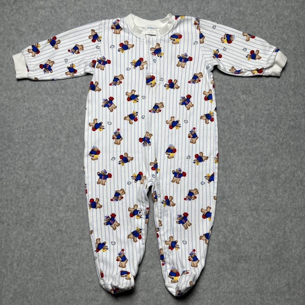 Vintage Agabang 12 Months One Pc White Blue Striped Teddy Bear Baseball Jumpsuit
